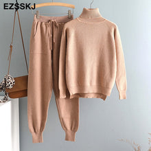 2020 2 Pieces Set Women Knitted Tracksuit Turtleneck Sweater + Carrot Jogging Pants Pullover Sweater Set CHIC Knitted Outwear