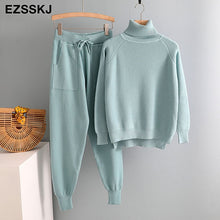 2020 2 Pieces Set Women Knitted Tracksuit Turtleneck Sweater + Carrot Jogging Pants Pullover Sweater Set CHIC Knitted Outwear